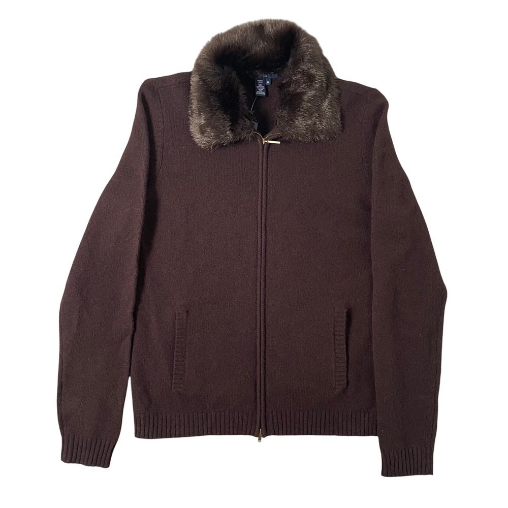 Chaps Sweater Women Medium Brown NWT Faux Fur Collar Full Zip Wool Old Money Y2K